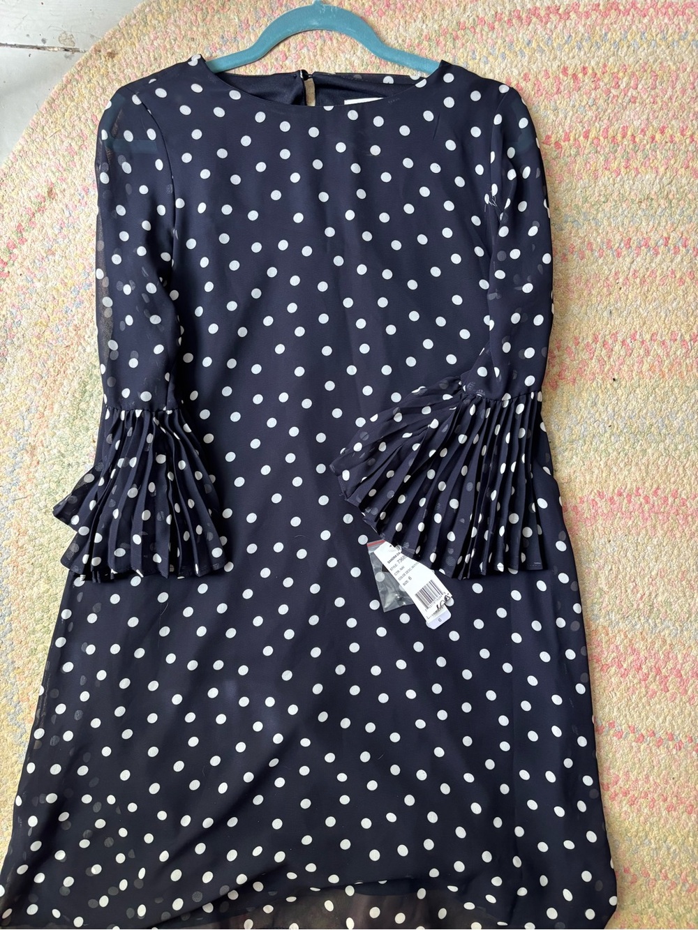 Sandra Darren Navy and White Polka Dot Dress with Pleated Bell Sleeves
